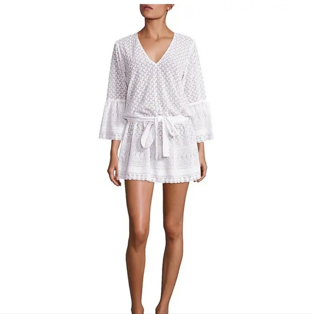 Melissa Odabash "Victoria" Embroidered French Georgette Bell-Sleeve Beach Dress